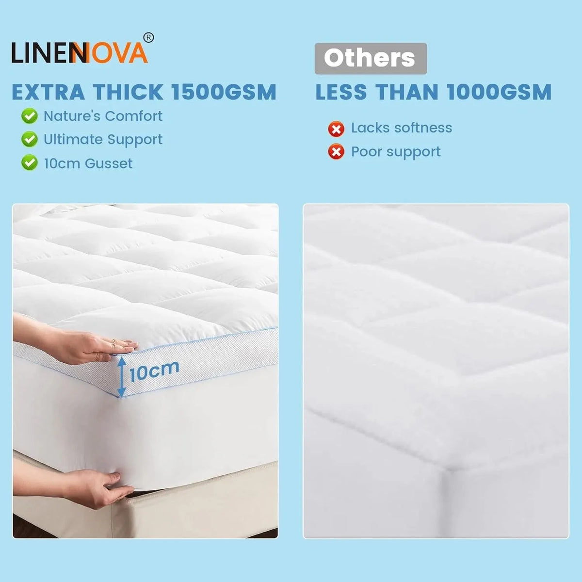 1500GSM Bamboo Mattress Topper Extra Thick 10CM Bed Topper Double: 137 x 191 + 40 cm - Image 5