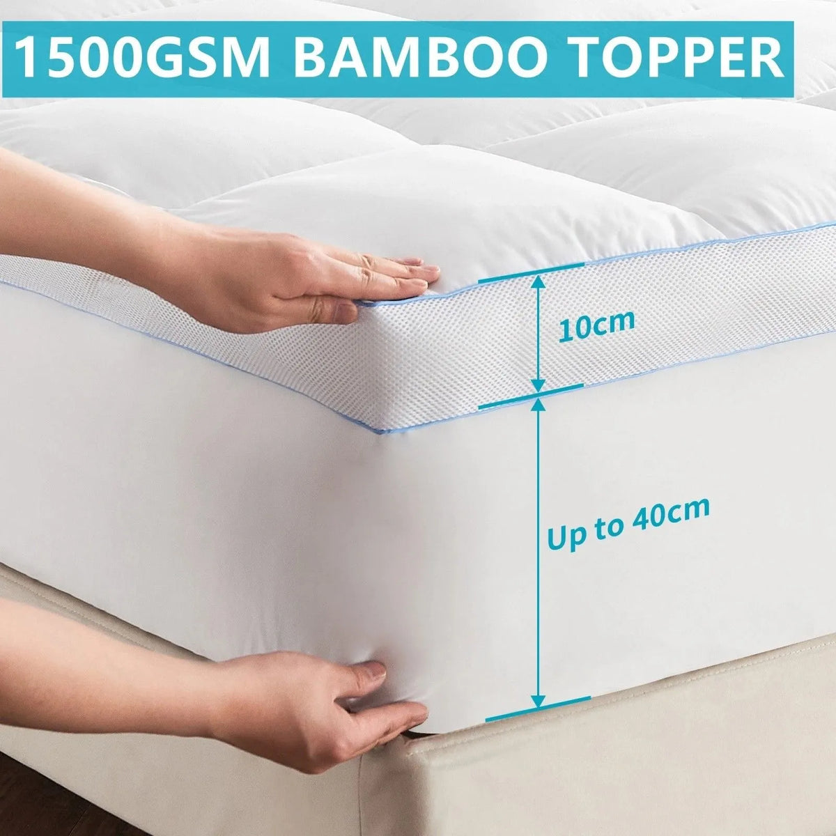 1500GSM Bamboo Mattress Topper Extra Thick 10CM Bed Topper Single: 90 x 191 + 40 cm - Image 9