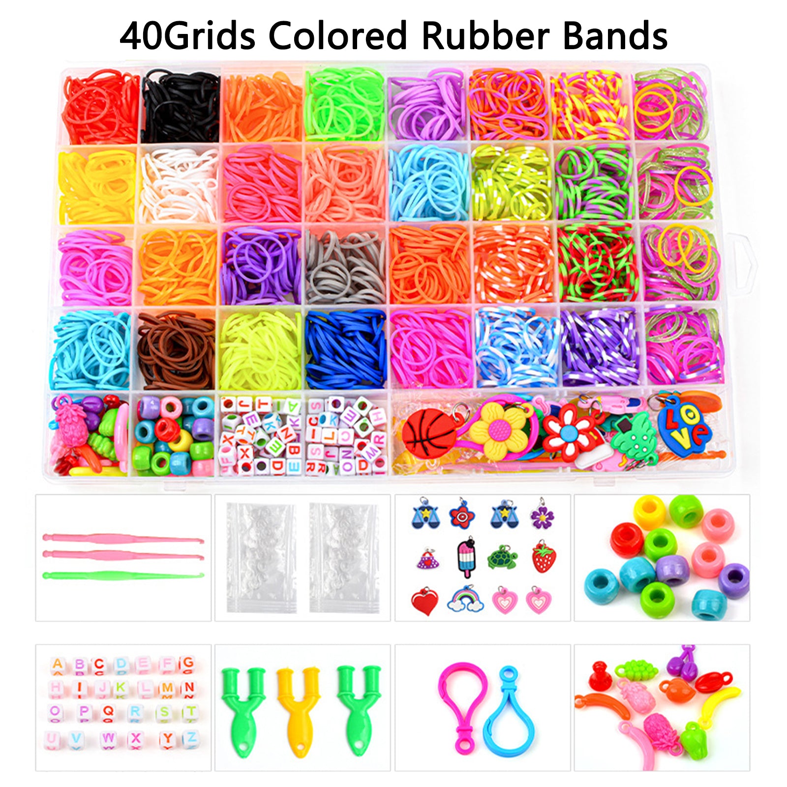 40Grids Rainbow Loom Bands Rubber Bracelet Making Kit S Clips Beads DIY Toys - Image 6