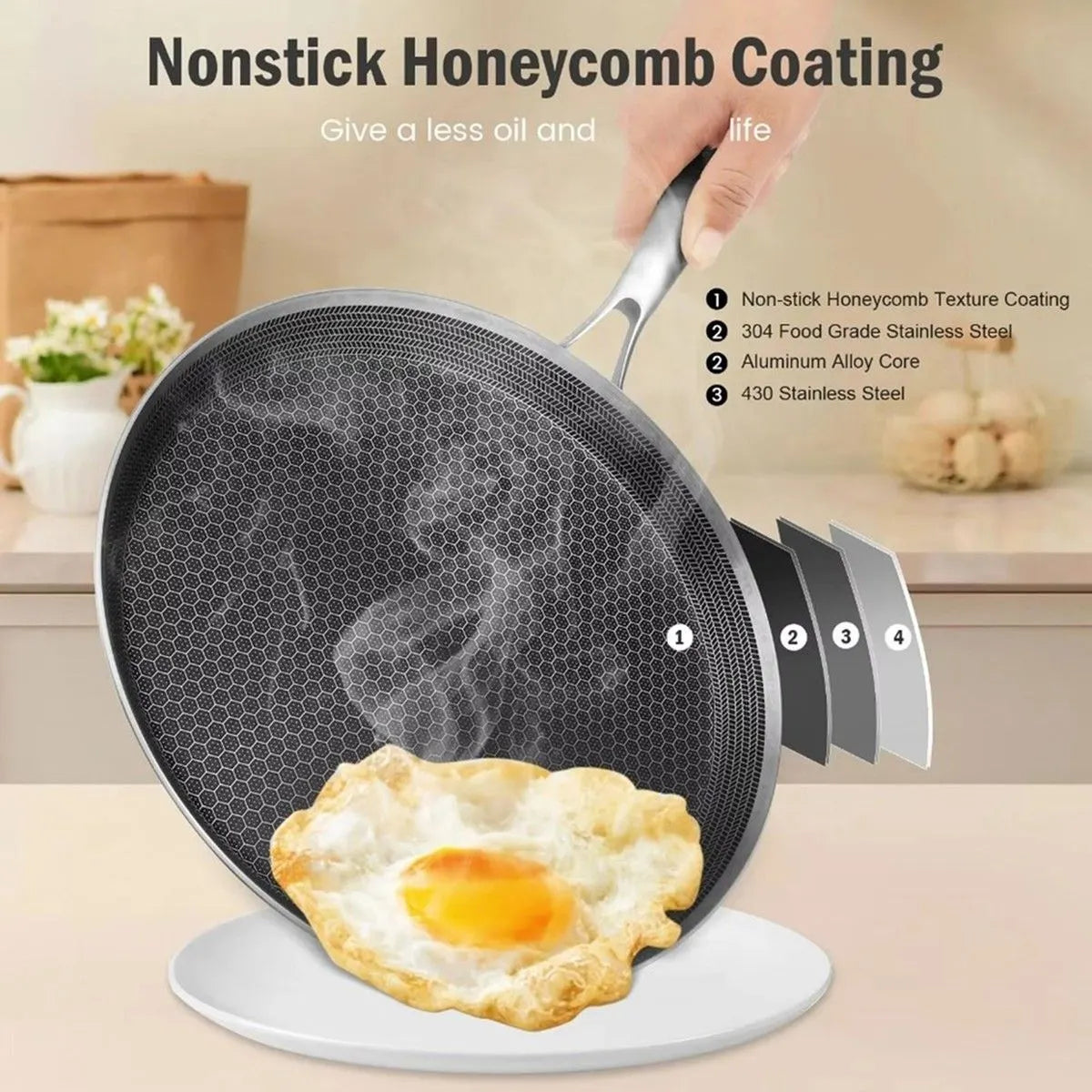 28cm Stainless Steel Crepe Pan Non-Stick Pan Honeycomb Coating Frying Pan Pizza6299 - Image 2