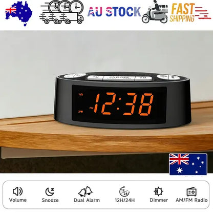 AM/FM Alarm Clock Radio with Dual Alarm, Sleep Timer & Snooze Functions, Orange LED Display, 4-Level Dimming Option