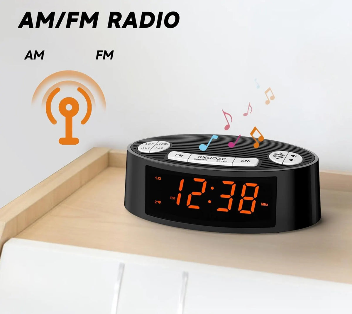 AM/FM Alarm Clock Radio with Dual Alarm, Sleep Timer & Snooze Functions, Orange LED Display, 4-Level Dimming Option - Image 5