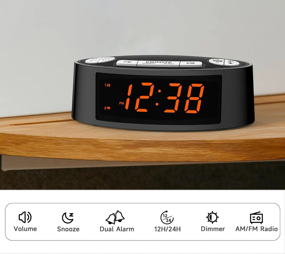 AM/FM Alarm Clock Radio with Dual Alarm, Sleep Timer & Snooze Functions, Orange LED Display, 4-Level Dimming Option - Image 6