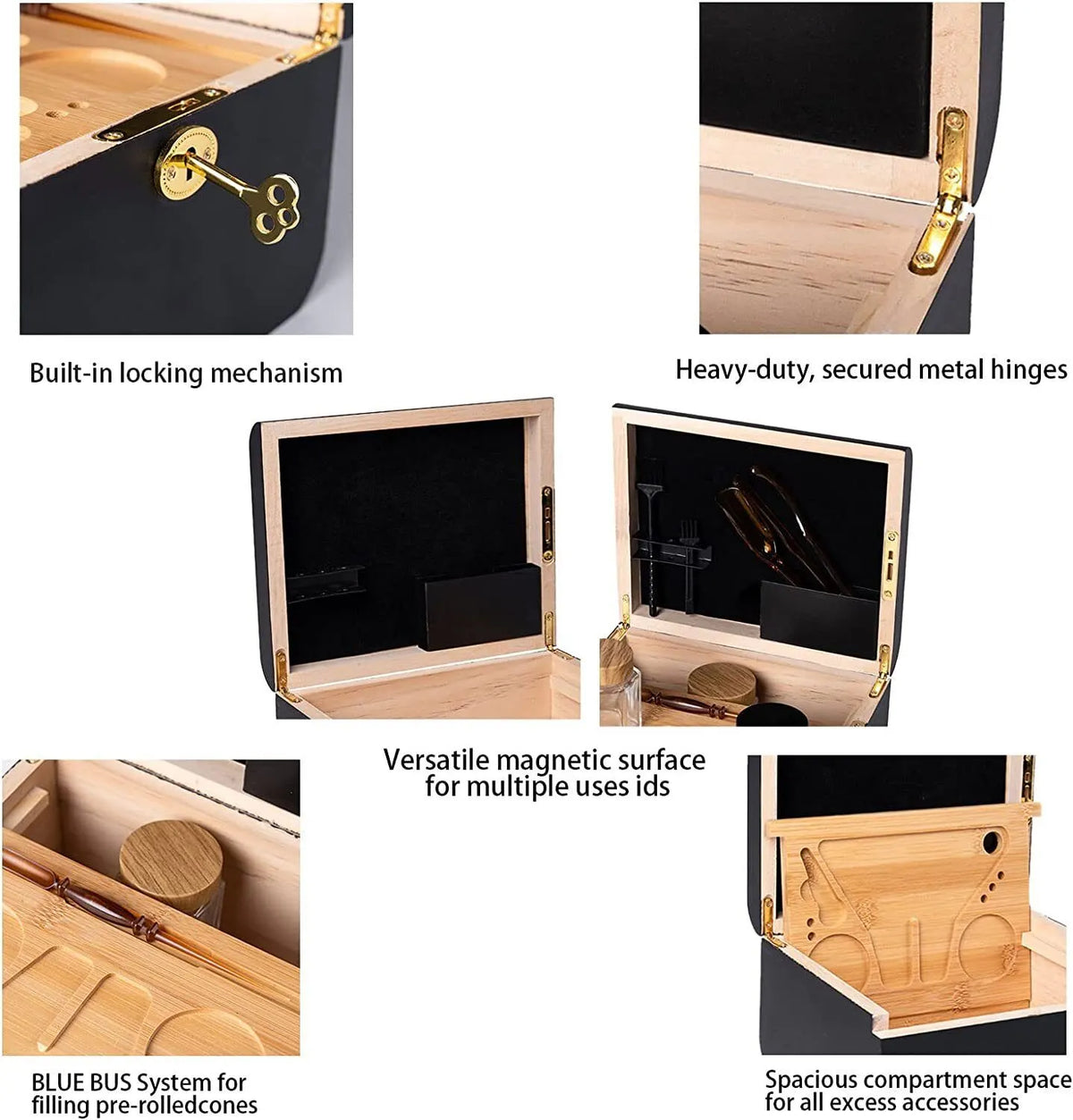 Wooden Storage Chest With Movable Tray Wood Lockable Stash Box Rolling Tray Gift - Image 5