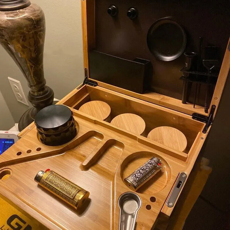 Wooden Storage Chest With Movable Tray Wood Lockable Stash Box Rolling Tray Gift - Image 8