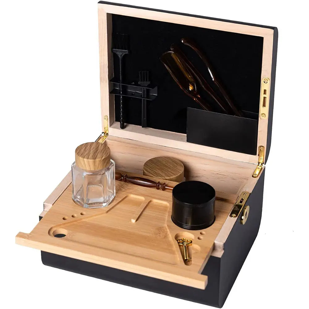 Wooden Storage Chest With Movable Tray Wood Lockable Stash Box Rolling Tray Gift - Image 9