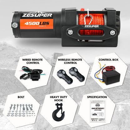 ZESUPER 4500lb Electric Winch 12V Synthetic Rope Boat Winch ATV Winch Kit Boat Winch UTV 4WD Wireless RemoteX2 Black - Image 3