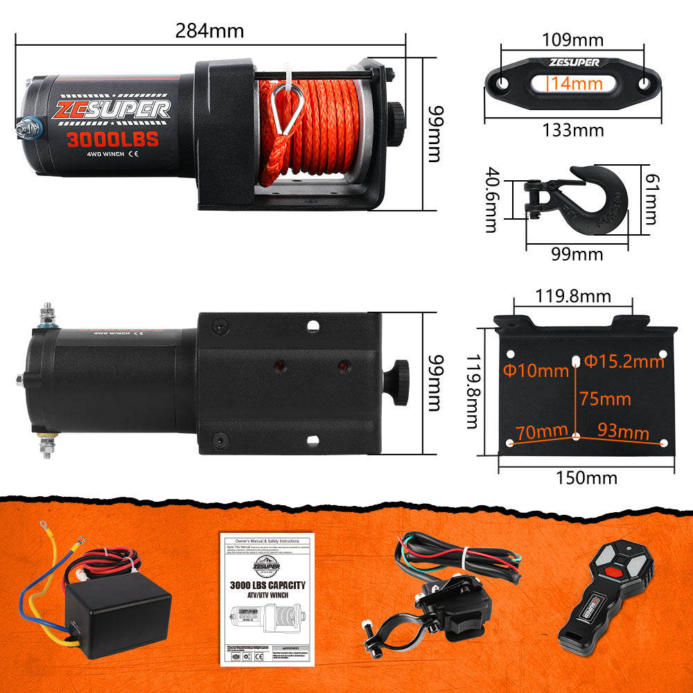 ZESUPER 12V Electric Winch 3000lbs Synthetic Rope Wireless Remote ATV UTV BOAT - Image 6