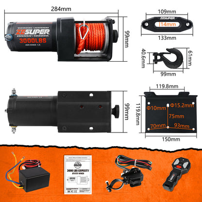 ZESUPER 12V Electric Winch 3000lbs Synthetic Rope Wireless Remote ATV UTV BOAT - Image 6