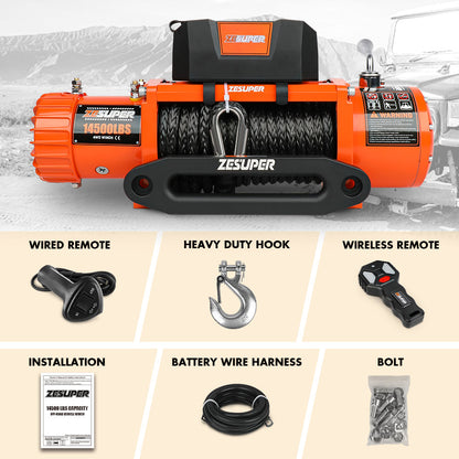 ZESUPER 12V Electric Winch 14500lbs Synthetic Rope Wireless Remote 4X4 4WD Car - Image 2