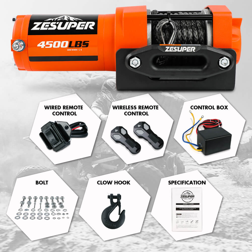 4500lb Electric Winch 12V Synthetic Rope Wireless RemoteX2 ATV Winch Kit Boat Winch UTV 4WD Orange - Image 2