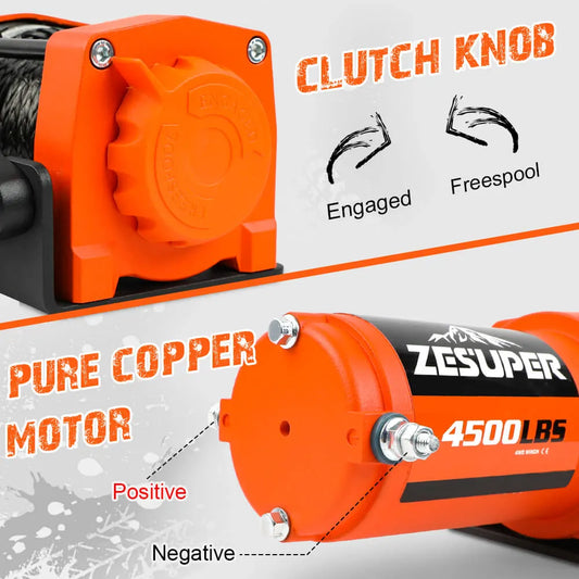 4500lb Electric Winch 12V Synthetic Rope Wireless RemoteX2 ATV Winch Kit Boat Winch UTV 4WD Orange - Image 3