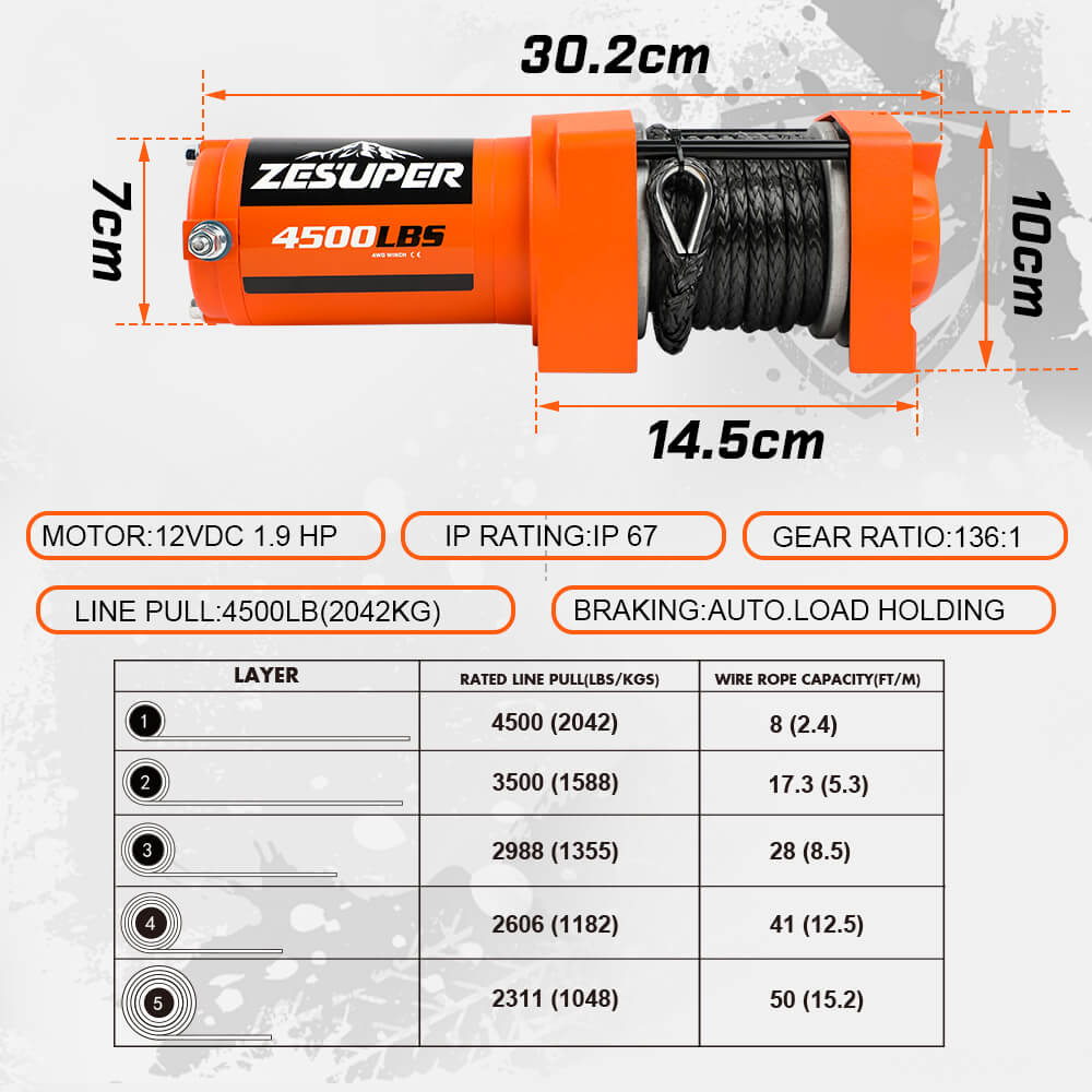 ZESUPER 4500lb Electric Winch 12V Synthetic Rope Boat Winch ATV Winch Kit Boat Winch UTV 4WD Wireless RemoteX2 Orange - Image 4