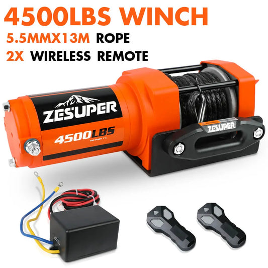ZESUPER 4500lb Electric Winch 12V Synthetic Rope Boat Winch ATV Winch Kit Boat Winch UTV 4WD Wireless RemoteX2 Orange - Image 7