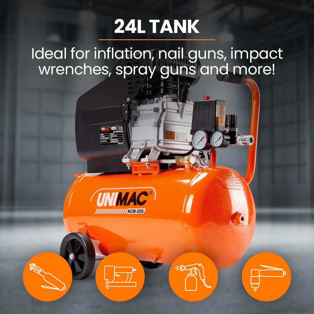 UNIMAC 24L 2.0HP Air Compressor, Direct Drive, 2 Couplers for Airtools Tyre Inflation, Portable, Electric - Image 6
