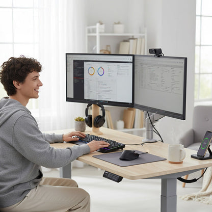 FORTIA Sit To Stand Standing Desk, 120x60cm, 72-118cm Electric Height Adjustable, Light Oak Style Desktop Silver Frame - Image 2