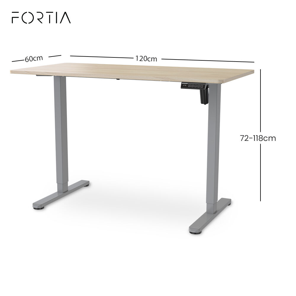 FORTIA Sit To Stand Standing Desk, 120x60cm, 72-118cm Electric Height Adjustable, Light Oak Style Desktop Silver Frame - Image 5