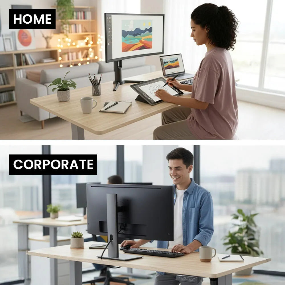 FORTIA Sit To Stand Standing Desk, 120x60cm, 72-118cm Electric Height Adjustable, Light Oak Style Desktop Silver Frame - Image 6