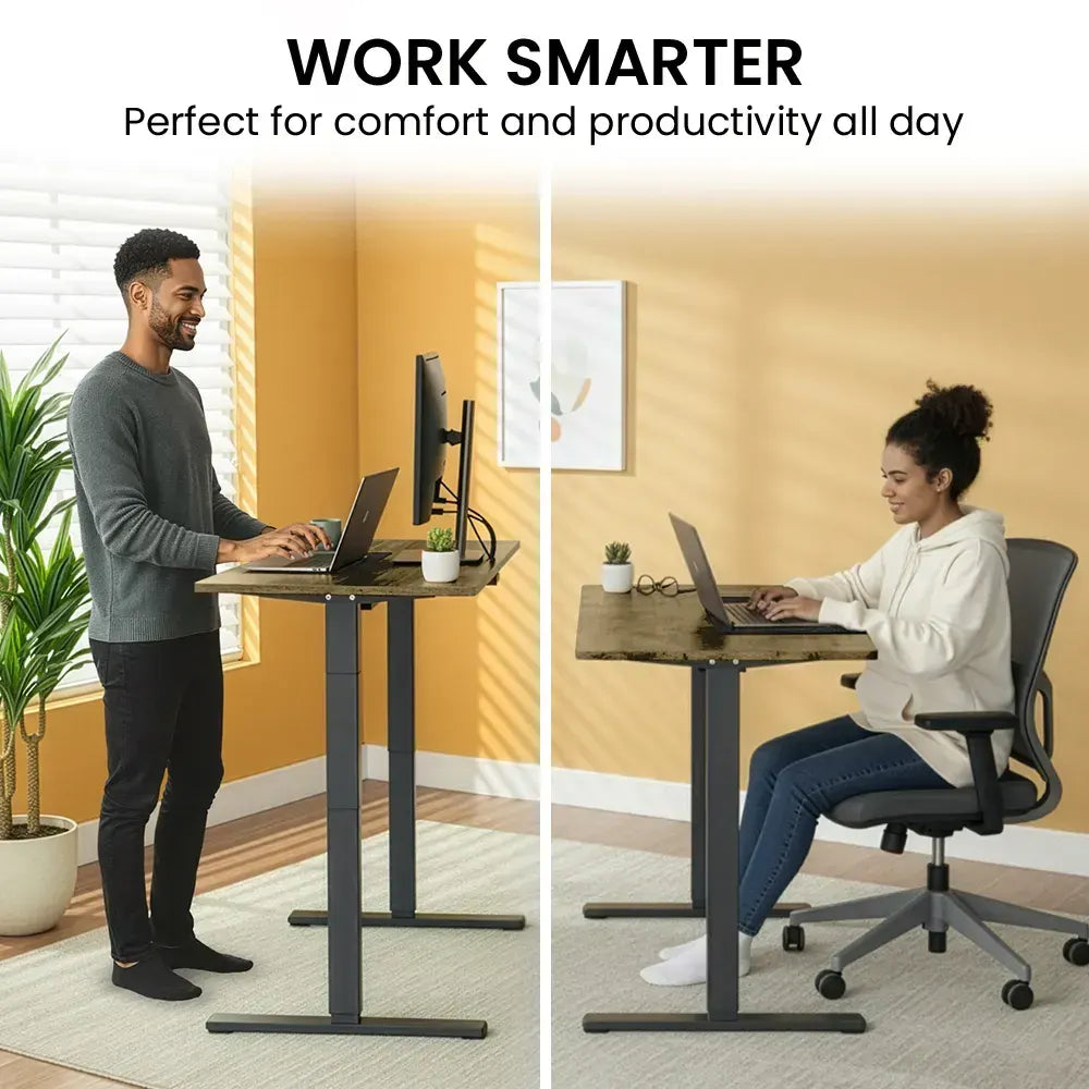 FORTIA Sit To Stand Standing Desk, 120x60cm, 72-118cm Electric Height Adjustable, Walnut Style Desktop Black Frame - Image 3
