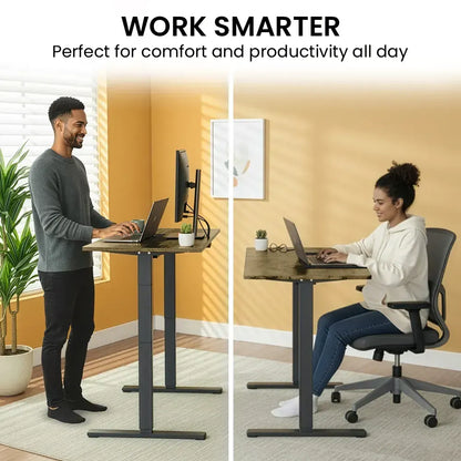 FORTIA Sit To Stand Standing Desk, 120x60cm, 72-118cm Electric Height Adjustable, Walnut Style Desktop Black Frame - Image 3