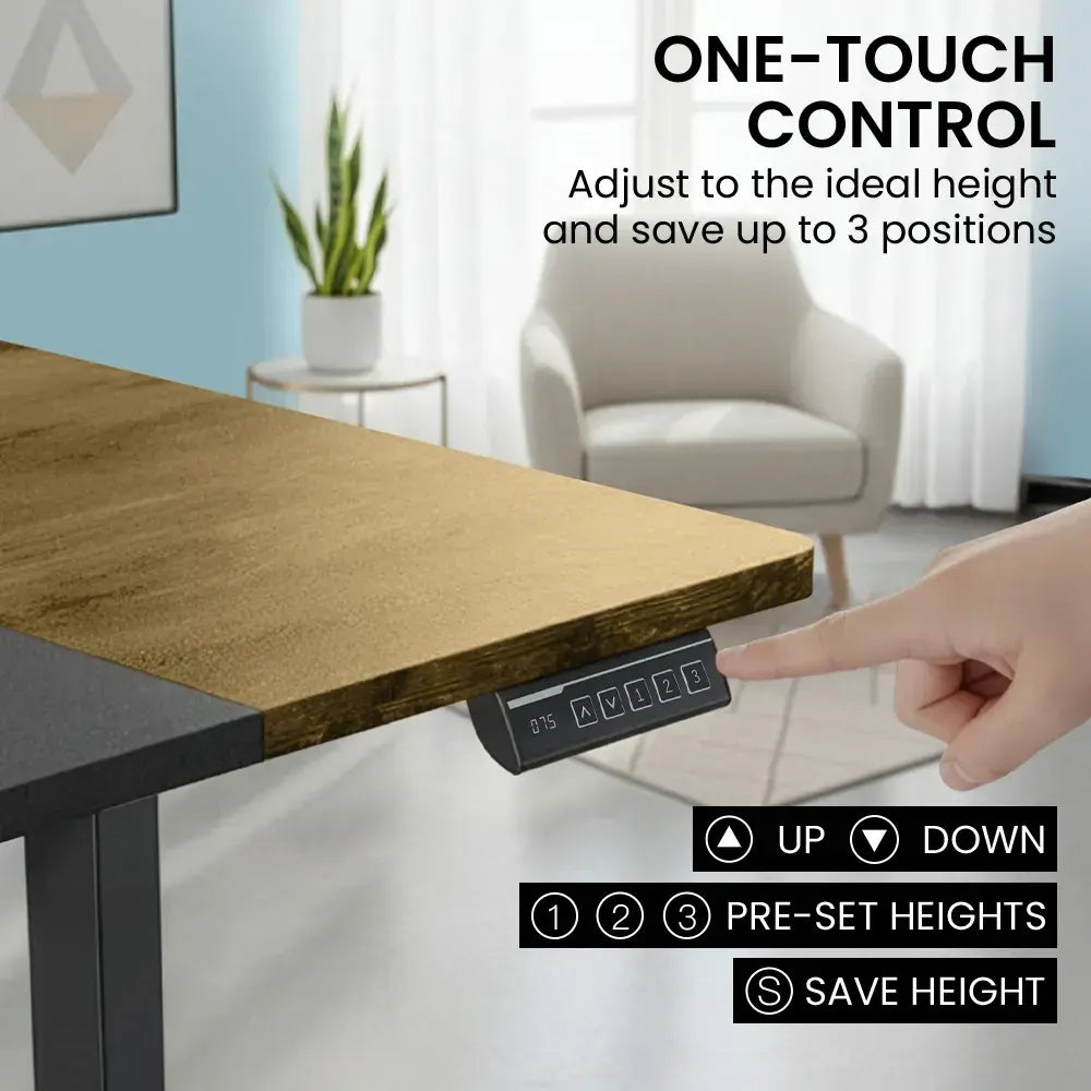 FORTIA Sit To Stand Standing Desk, 120x60cm, 72-118cm Electric Height Adjustable, Walnut Style Desktop Black Frame - Image 5