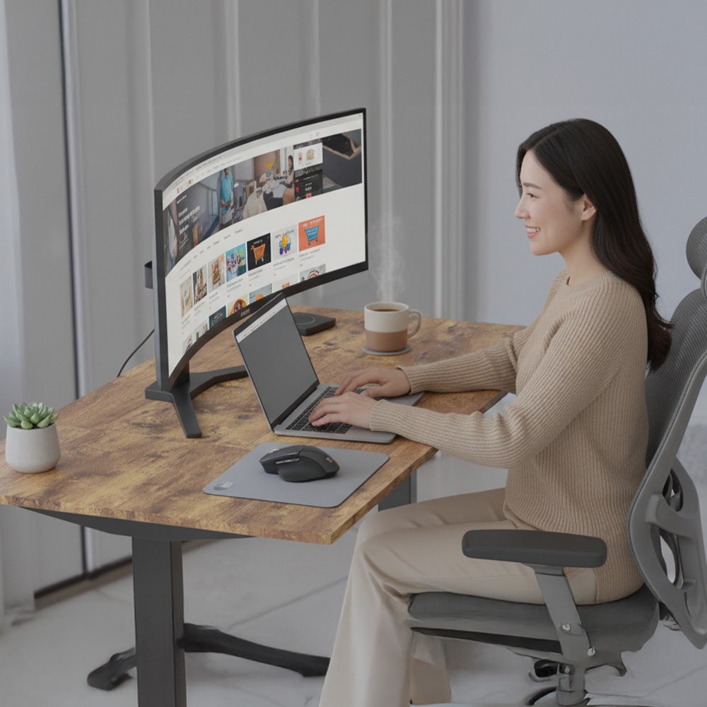 FORTIA Sit to Stand Standing Desk, 160x60cm, 72-118cm Electric Height Adjustable, Walnut Style Desktop/Black Frame - Image 2