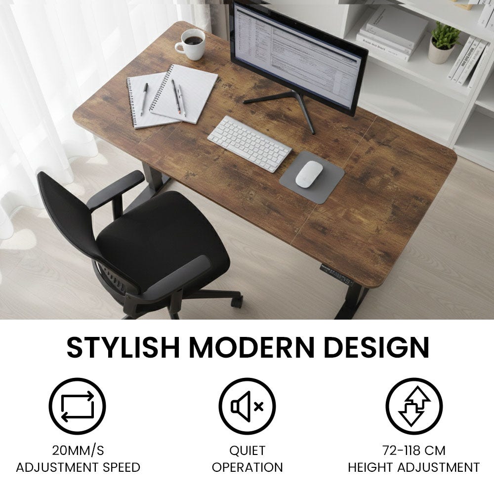 FORTIA Sit to Stand Standing Desk, 160x60cm, 72-118cm Electric Height Adjustable, Walnut Style Desktop/Black Frame - Image 7