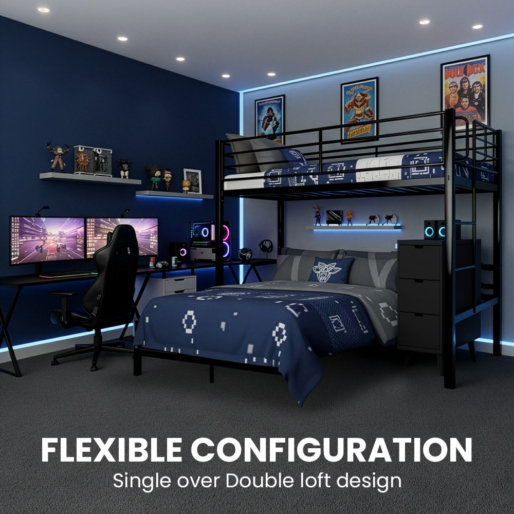 KINGSTON SLUMBER Metal Single Loft Bed And Double Underbed Frame, Multifunctional, Space Saving with Fixed Ladder, Matte Dark Grey - Image 2