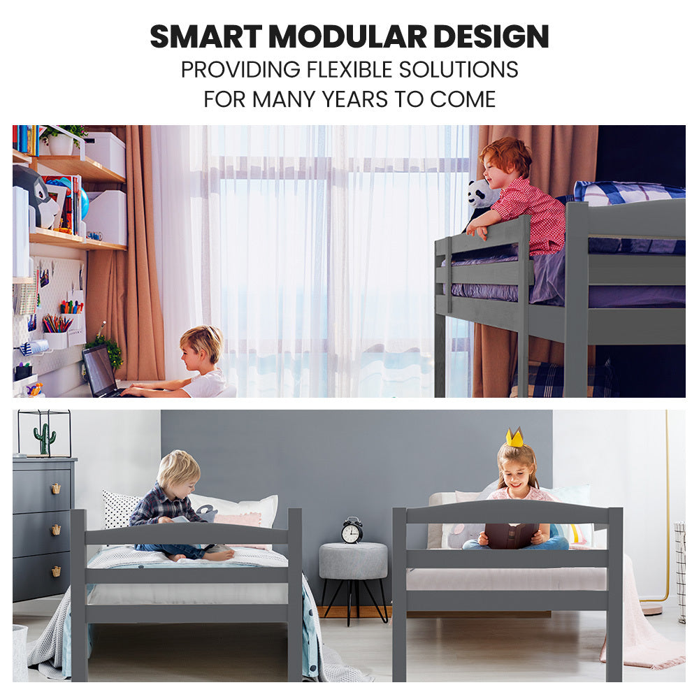 KINGSTON SLUMBER Single Bunk Bed Frame, Solid Pine 2-in-1 Modular Design, Converts to 2 Single Beds, For Kids, Grey - Image 5