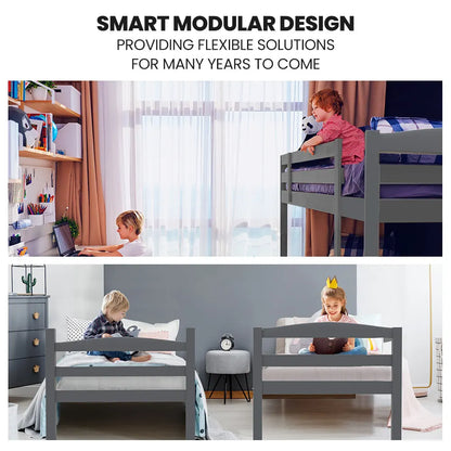 KINGSTON SLUMBER Single Bunk Bed Frame, Solid Pine 2-in-1 Modular Design, Converts to 2 Single Beds, For Kids, Grey - Image 8