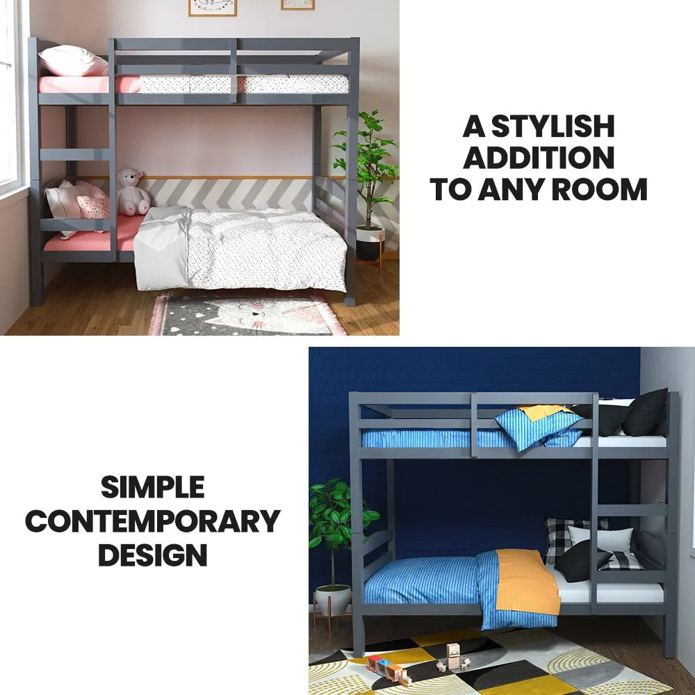 KINGSTON SLUMBER Single Bunk Bed Frame, Solid Pine 2-in-1 Modular Design, Converts to 2 Single Beds, For Kids, Grey - Image 2