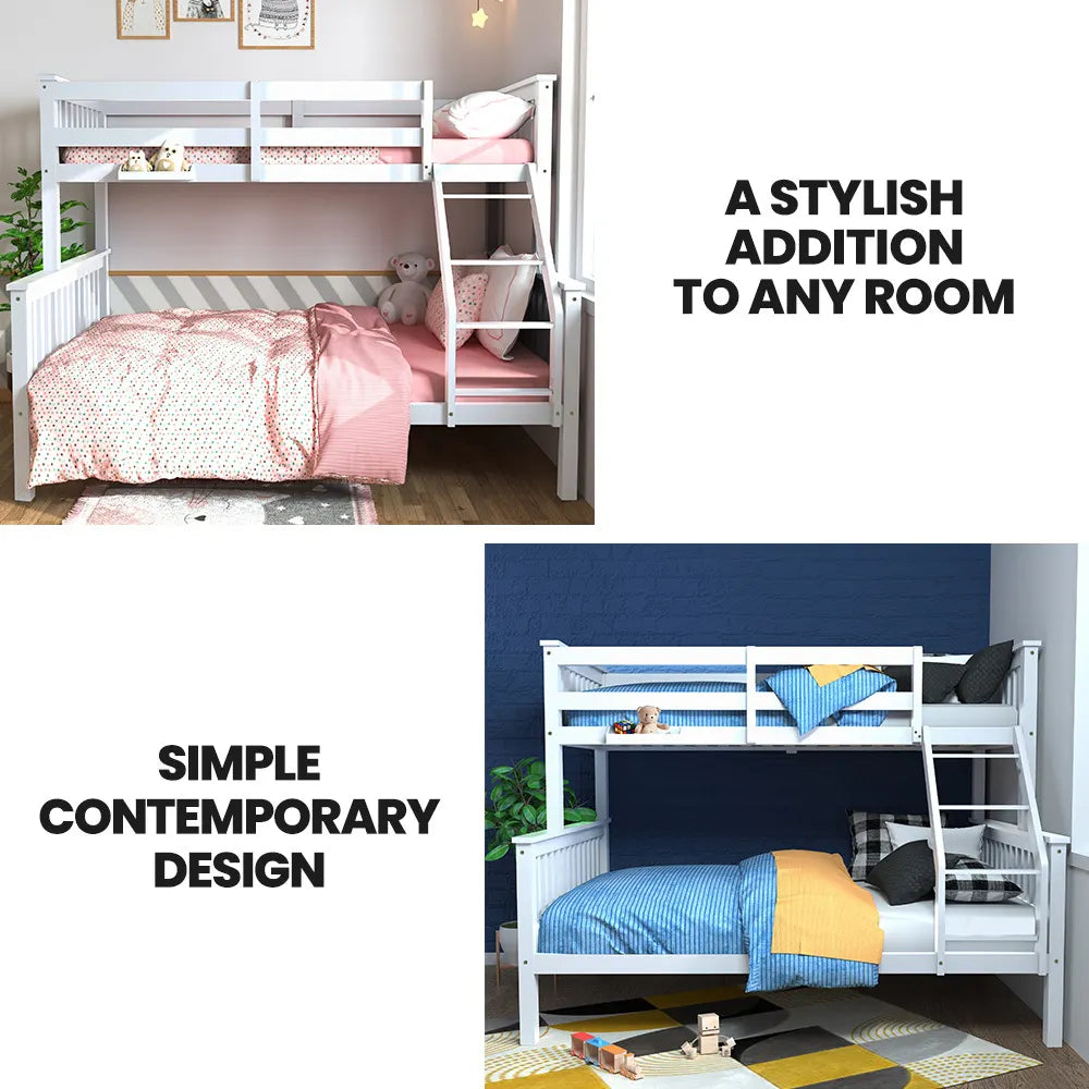 Kingston Slumber Single Over Double Wooden Bunk Bed Frame, Triple Solid Pine 2-in-1 Modular Design, Converts to 2 Beds, For Kids, White - Image 2