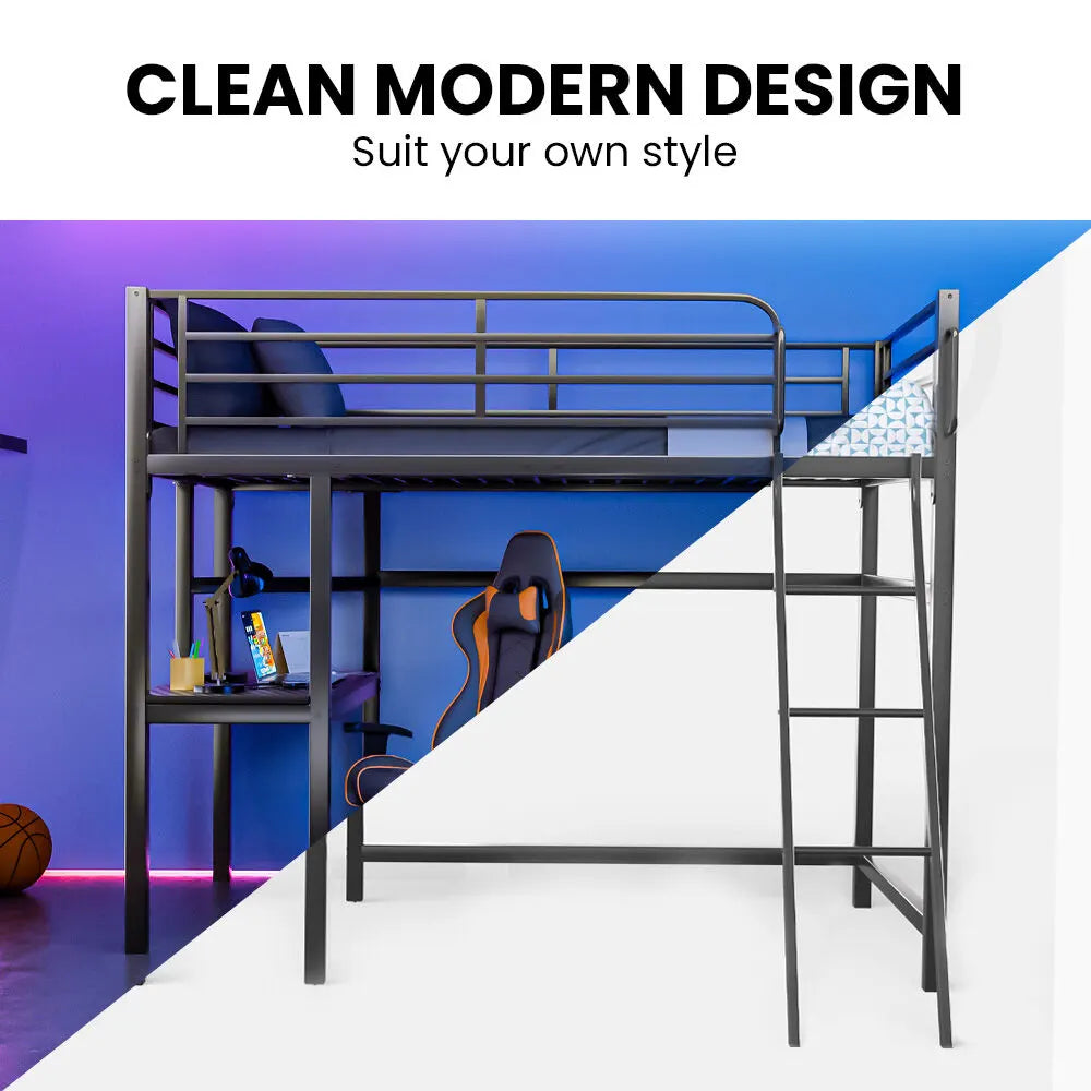 Gaming Loft Bed with Desk, Steel Metal Frame, Space Saving Design, for Single Mattress, Matte Dark Grey - Image 3