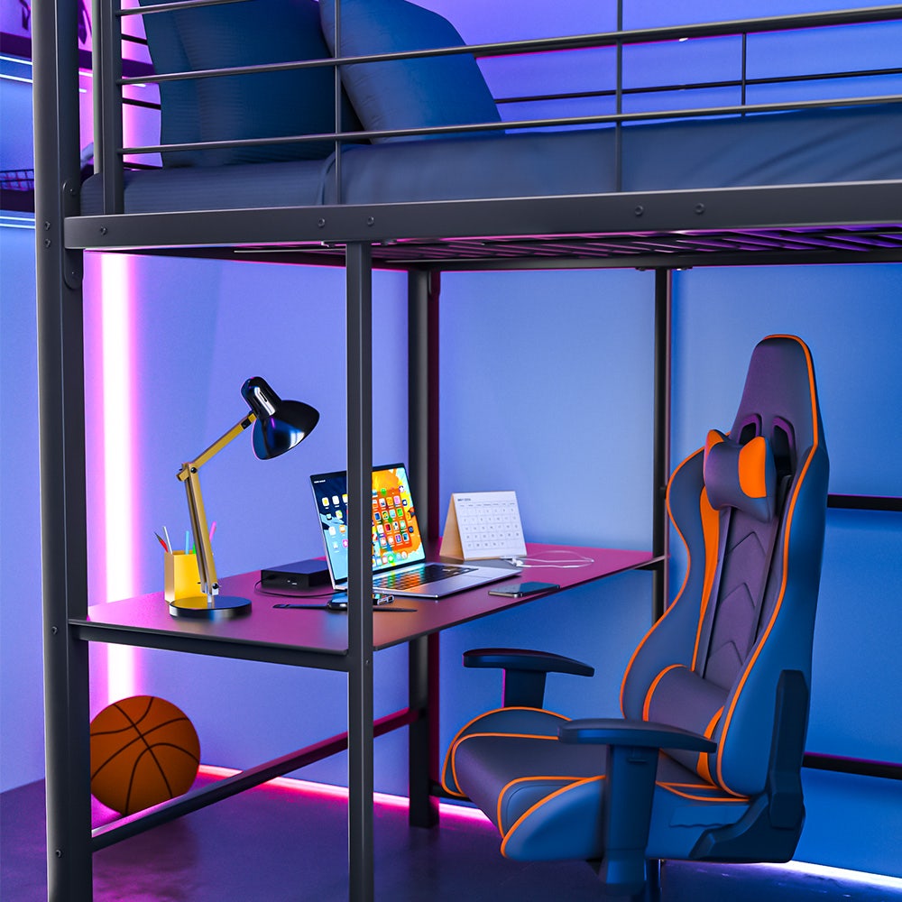 Gaming Loft Bed with Desk and Storage Cabinet, Steel Metal Frame, Space Saving Design, for Single Mattress, Matte Dark Grey - Image 6