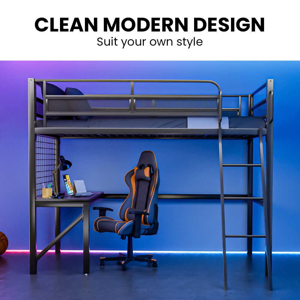 Gaming Loft Bed with Desk, Gridwall, Steel Metal Frame, Space Saving Design, for Single Mattress, Matte Dark Grey - Image 2