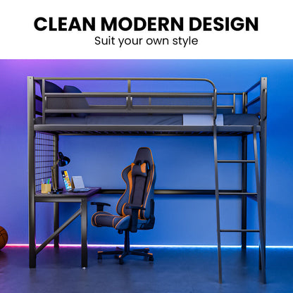 Gaming Loft Bed with Desk, Gridwall, Steel Metal Frame, Space Saving Design, for Single Mattress, Matte Dark Grey - Image 2