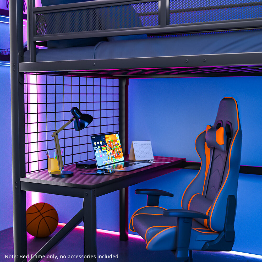 Gaming Loft Bed with Desk, Gridwall, Steel Metal Frame, Space Saving Design, for Single Mattress, Matte Dark Grey - Image 6