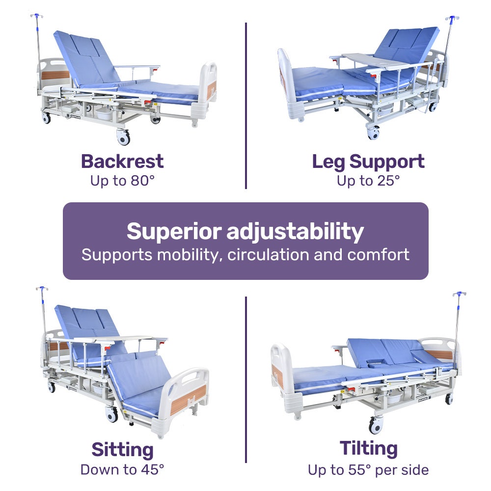 EQUIPMED Electric 8 Function Medical Bed , w/ Mattress & Over Bed Table, Adjustable Back and Leg Lifting, Lateral Tilting, Commode Bowl, IV Pole - Image 2