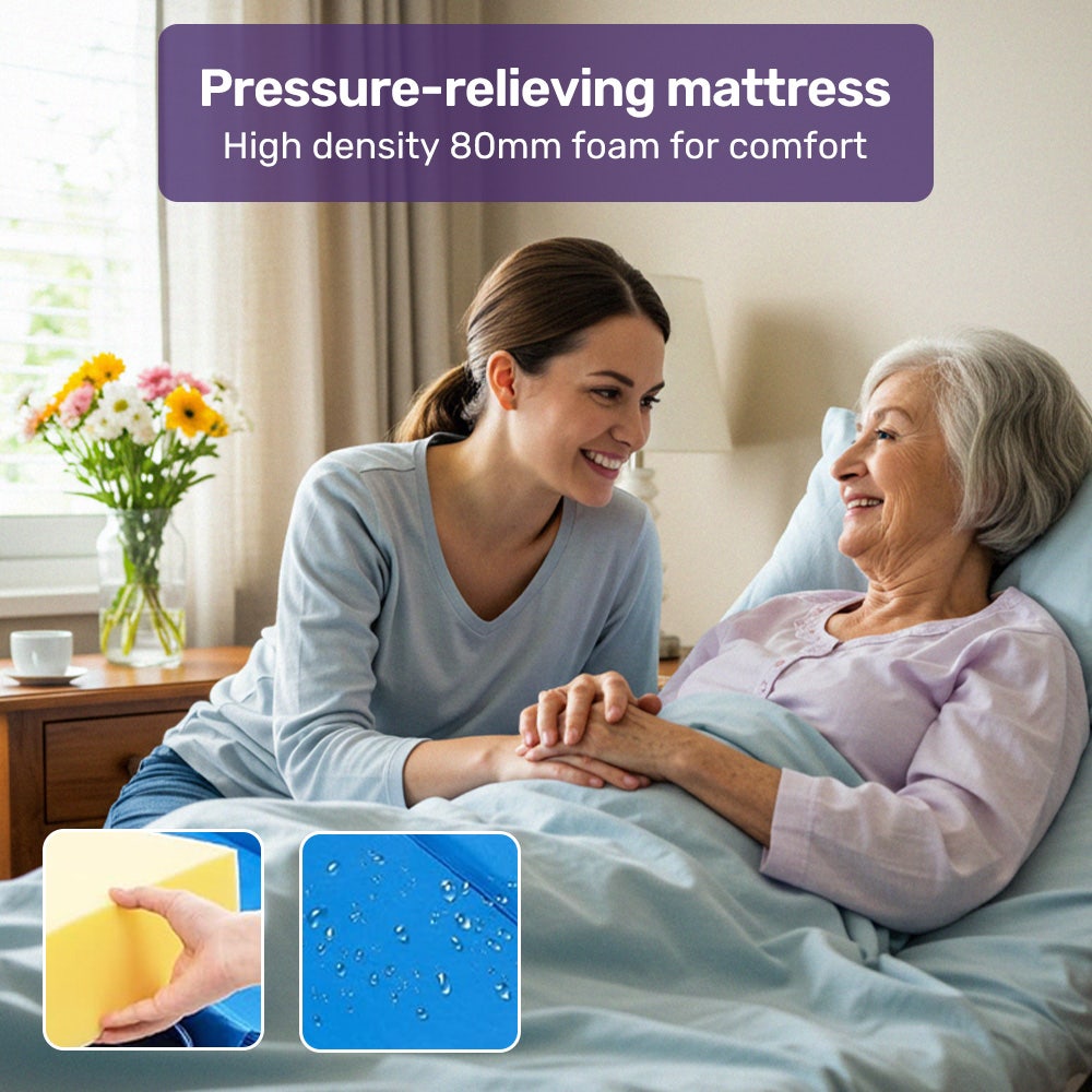 EQUIPMED Electric 8 Function Medical Bed , w/ Mattress & Over Bed Table, Adjustable Back and Leg Lifting, Lateral Tilting, Commode Bowl, IV Pole - Image 5