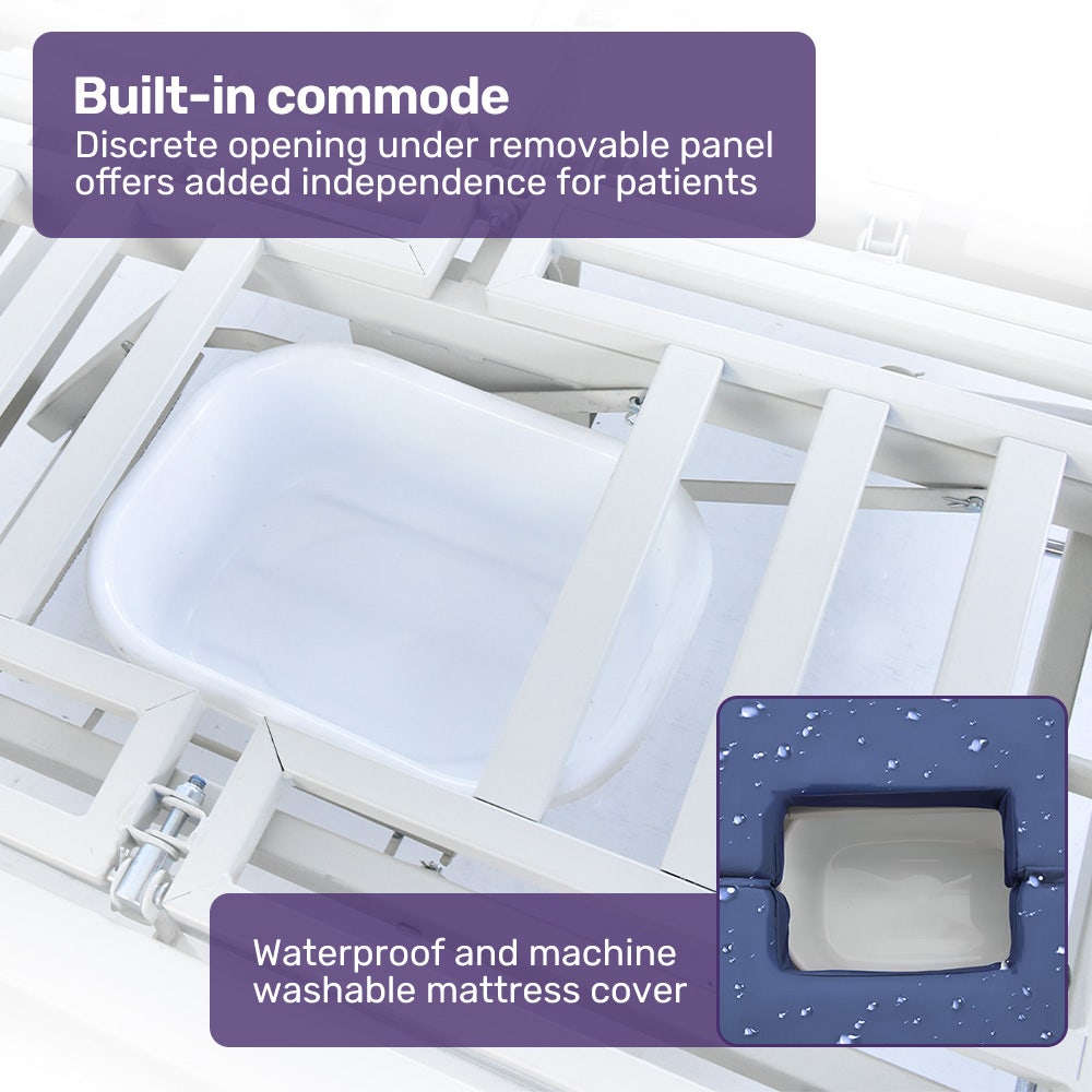 EQUIPMED Electric 8 Function Medical Bed , w/ Mattress & Over Bed Table, Adjustable Back and Leg Lifting, Lateral Tilting, Commode Bowl, IV Pole - Image 7
