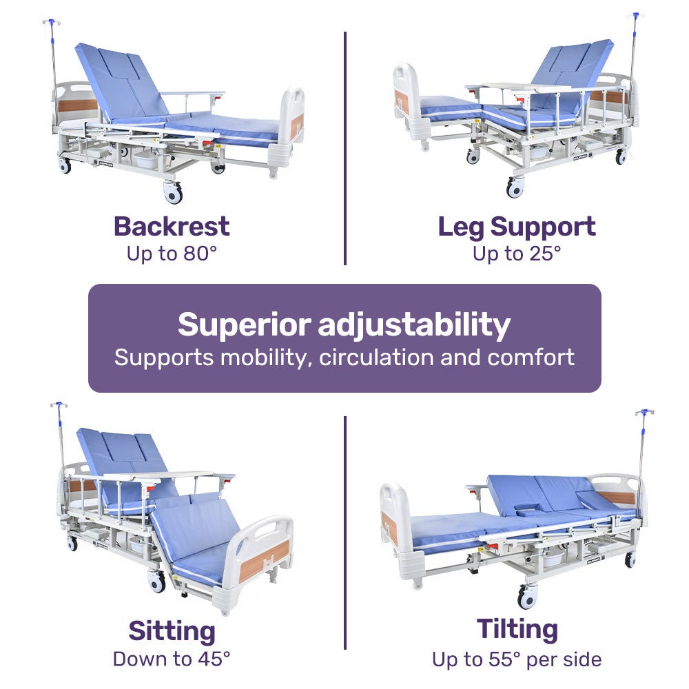 EQUIPMED 7 Function Medical Bed, w/ Mattress & Over Bed Table, Adjustable Back and Leg Lifting, Lateral Tilting, Commode Bowl, IV Pole - Image 2