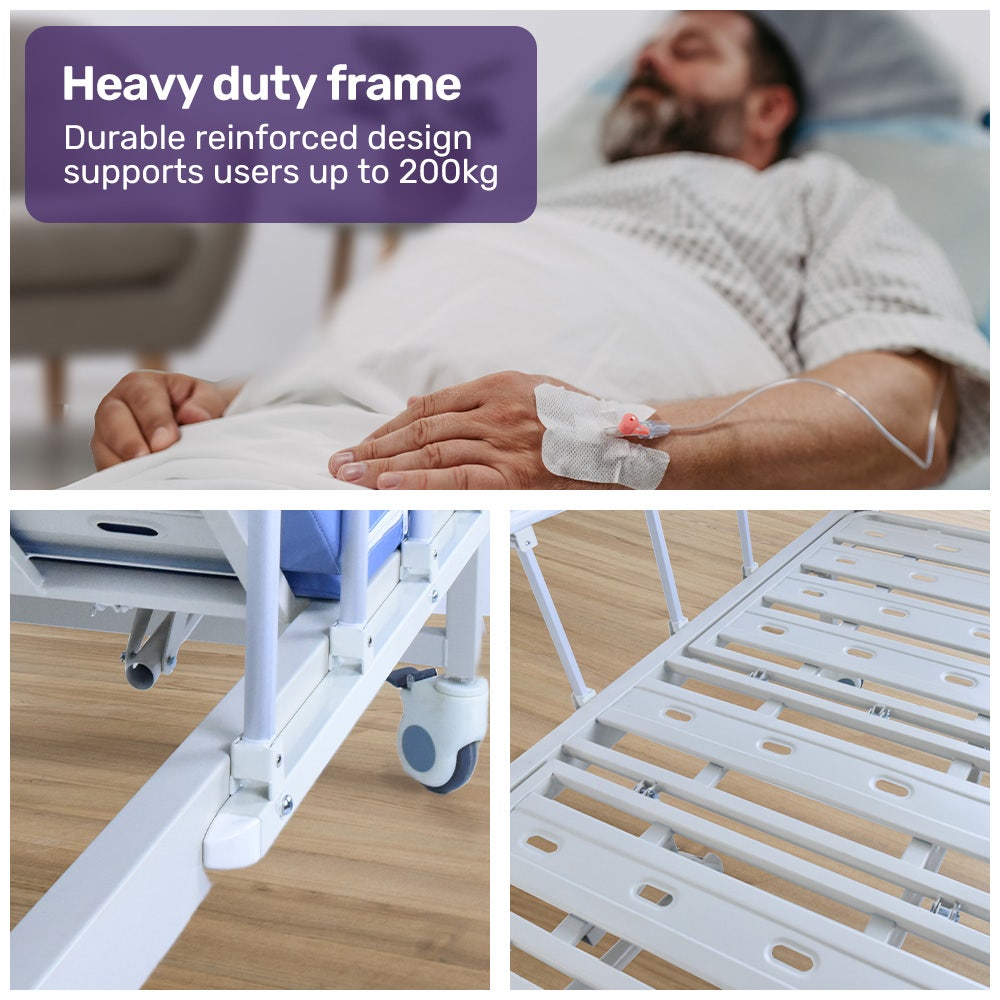 EQUIPMED 7 Function Medical Bed, w/ Mattress & Over Bed Table, Adjustable Back and Leg Lifting, Lateral Tilting, Commode Bowl, IV Pole - Image 3