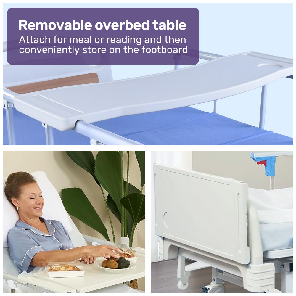 EQUIPMED 7 Function Medical Bed, w/ Mattress & Over Bed Table, Adjustable Back and Leg Lifting, Lateral Tilting, Commode Bowl, IV Pole - Image 4