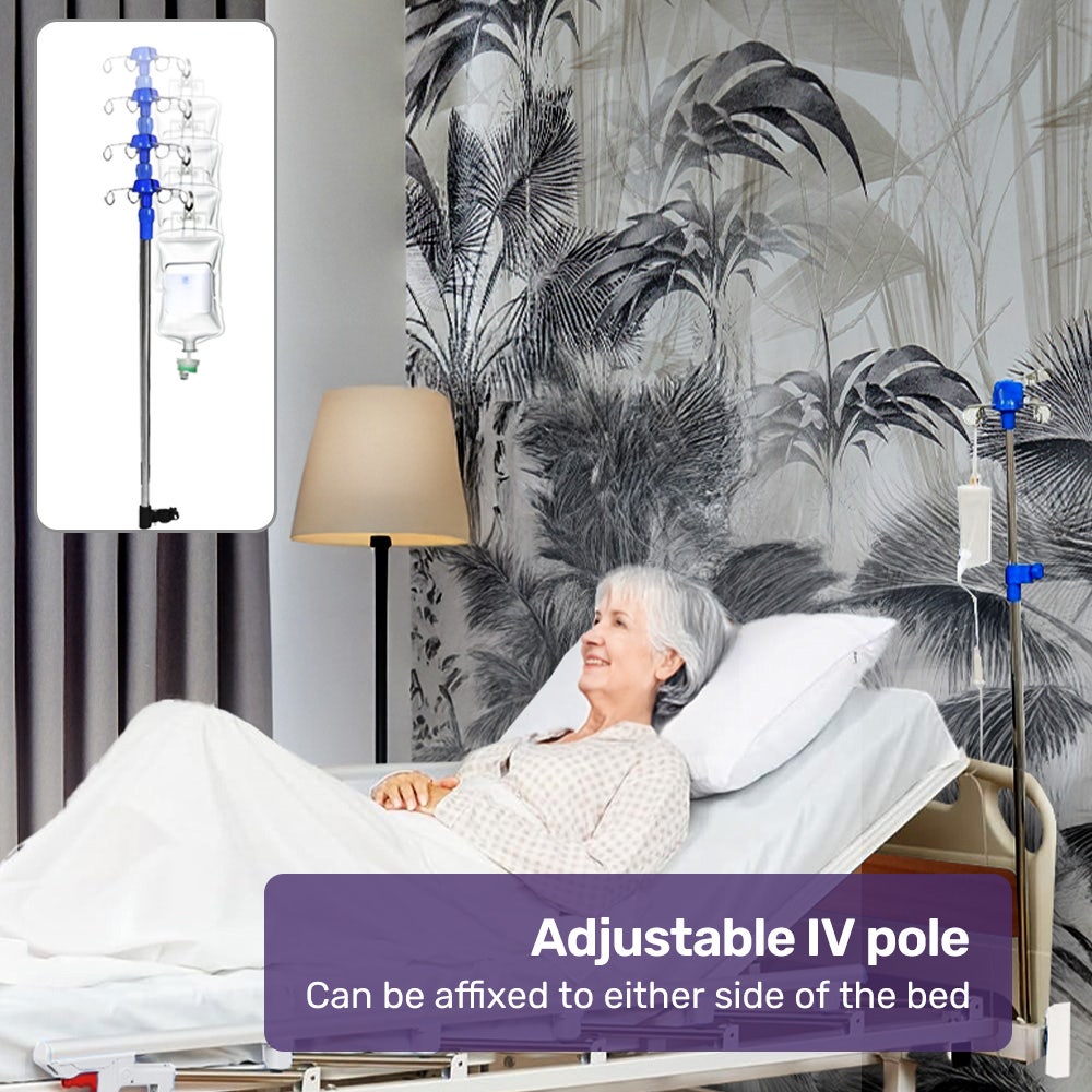 EQUIPMED 7 Function Medical Bed, w/ Mattress & Over Bed Table, Adjustable Back and Leg Lifting, Lateral Tilting, Commode Bowl, IV Pole - Image 5