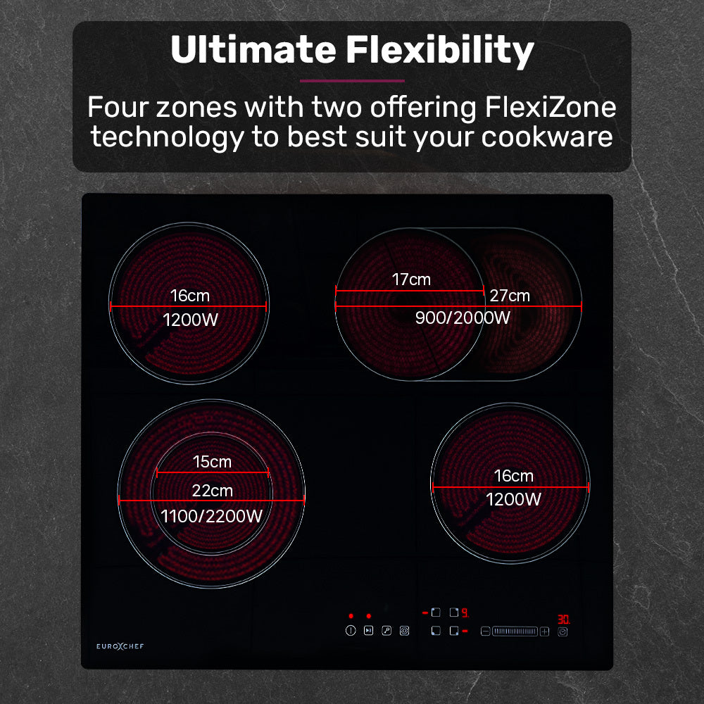 EuroChef 60cm 4 Zone Ceramic Cooktop, 6600W Electric, FlexiZone Adjustable Size Hobs, Touch Controls - Image 3