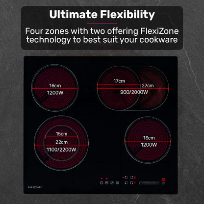 EuroChef 60cm 4 Zone Ceramic Cooktop, 6600W Electric, FlexiZone Adjustable Size Hobs, Touch Controls - Image 3