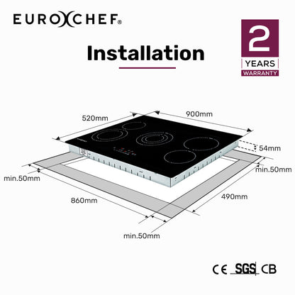 EuroChef 90cm 5 Zone Ceramic Cooktop, 8900W Electric, FlexiZone Adjustable Size Hobs, Touch Controls - Image 2