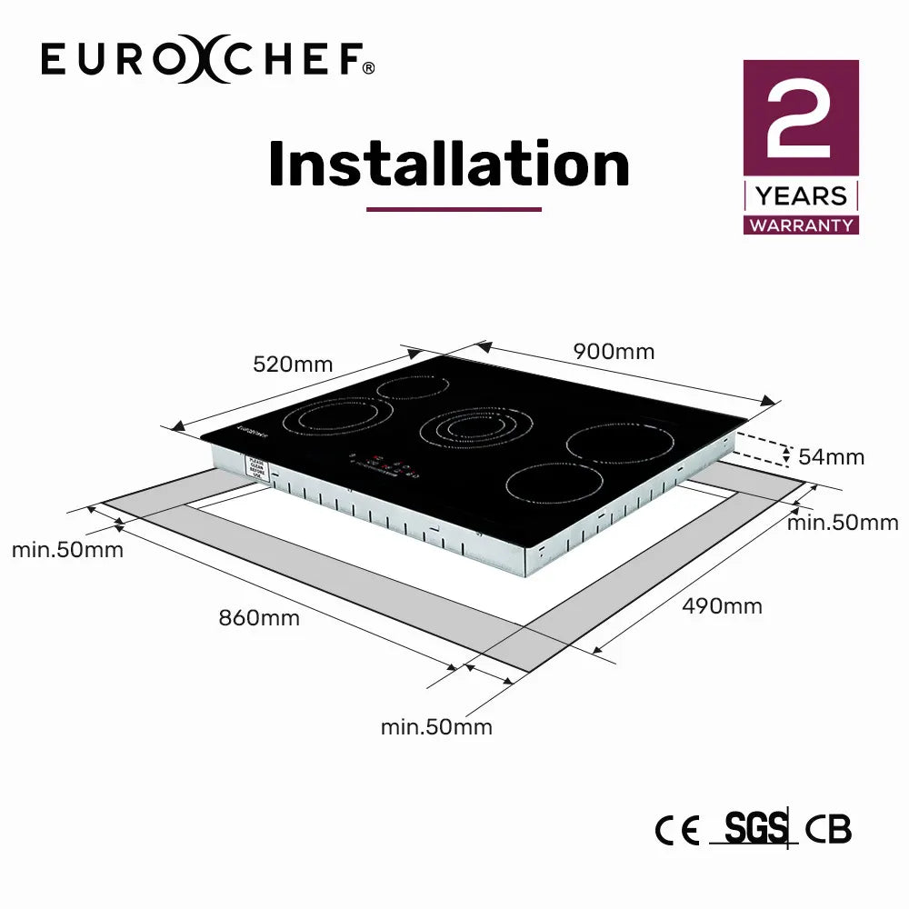 EuroChef 90cm 5 Zone Ceramic Cooktop, 8900W Electric, FlexiZone Adjustable Size Hobs, Touch Controls - Image 2
