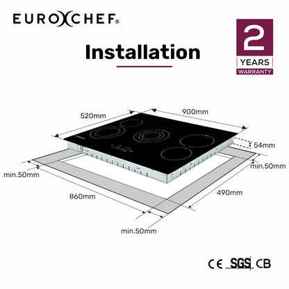 EuroChef 90cm 5 Zone Ceramic Cooktop, 8900W Electric, FlexiZone Adjustable Size Hobs, Touch Controls - Image 2