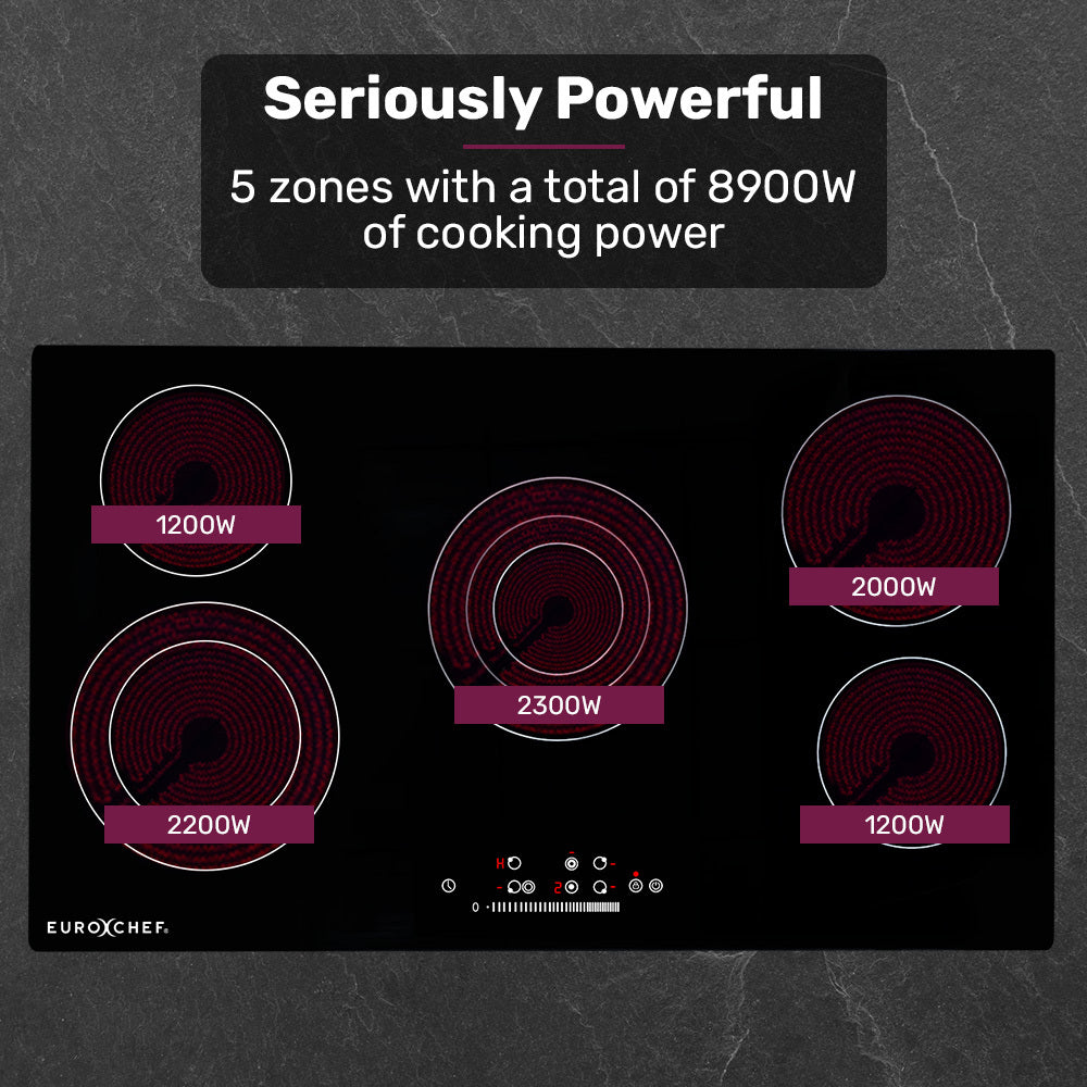 EuroChef 90cm 5 Zone Ceramic Cooktop, 8900W Electric, FlexiZone Adjustable Size Hobs, Touch Controls - Image 4